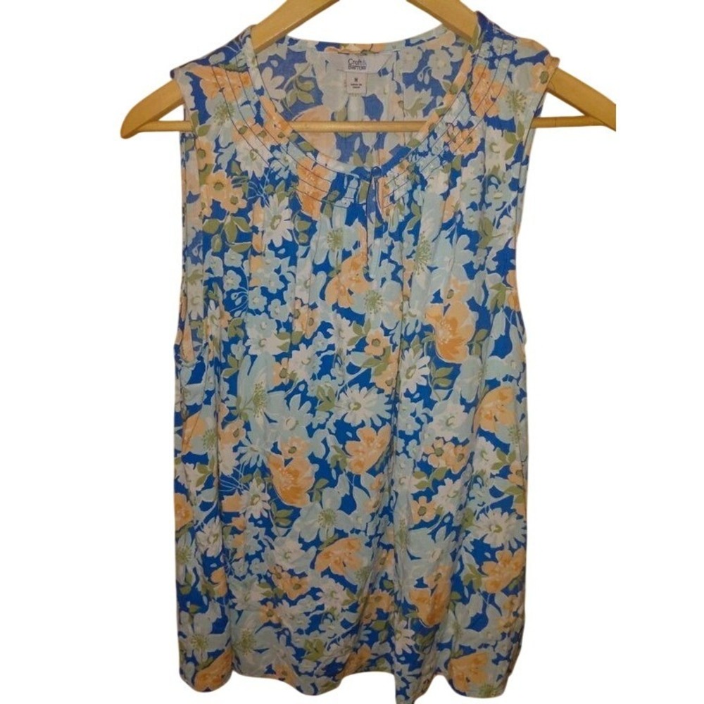 Croft & Barrow Womens Blue Peach Floral Print Split Neck Blouse Top Size M